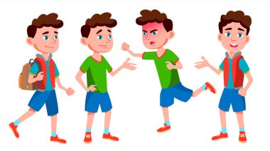 Çocuk okul çocuğu çocuk Set vektör teşkil etmektedir. İlköğretim Okulu çocuk. Komik çocuk. Junior. Yaşam tarzı, dostu. Reklam, broşür, afiş tasarımı için. İllüstrasyon izole karikatür