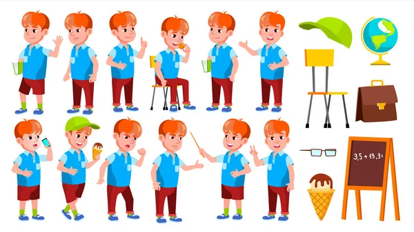 Junge Schüler Kind Posen gesetzt Vektor. Grundschulkind. schönes Kind. Alphabet. Jugend, kaukasisch. für Karte, Werbung, Grußdesign. Isolierte Cartoon-Illustration — Stockvektor