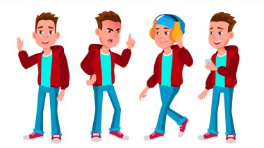 Çocuk okul çocuğu çocuk Set vektör teşkil etmektedir. Lise çocuk. Öğretim, eğitmek, temel. Tanıtım, baskı, davetiye tasarım için. İllüstrasyon izole karikatür