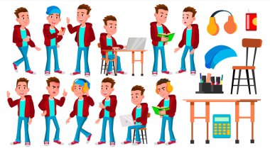 Çocuk okul çocuğu çocuk Set vektör teşkil etmektedir. Lise çocuk. Okul öğrenci. Mezuniyet, ödev, öğretmen. Afiş, el ilanı, Web tasarımı için. İllüstrasyon izole karikatür