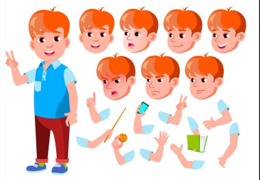 Çocuk, çocuk, çocuk, Genç vektör. Rahat kıyafetler. Olumlu. Duygular, çeşitli hareketler karşısında. Animasyon oluşturma küme. Düz çizgi film karakteri illüstrasyon izole