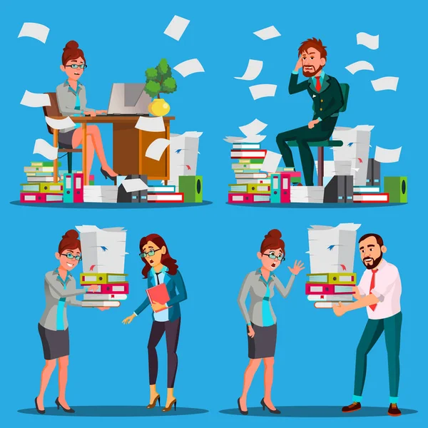 Business People Doing Paperwork Vector. Office Workers. Very Busy Day. To Excessive Work. Accounting Bureaucracy. Disorganized Manager. Documentation. Emotional Stress. Overworked. Illustration — Stock Vector