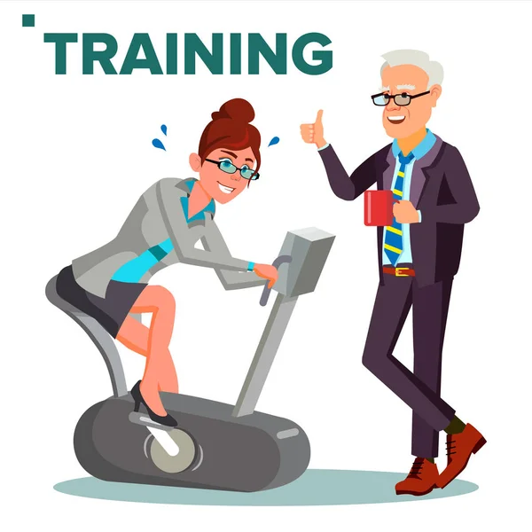 Business Training Concept Vector. Business Woman Running On Exercise Bike. Office Worker. Team Leader. Teacher Giving Lecture. Reporting, Training Staff. Isolated Illustration — Stock Vector