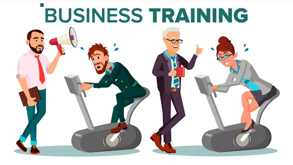 Business People Training Concept Vector. Businessman, Woman Running On Exercise Bike. Office Worker. Hard Working. Teacher Shows Way. Suit. Seminar. Reporting, Training Staff. Isolated Illustration — Stock Vector