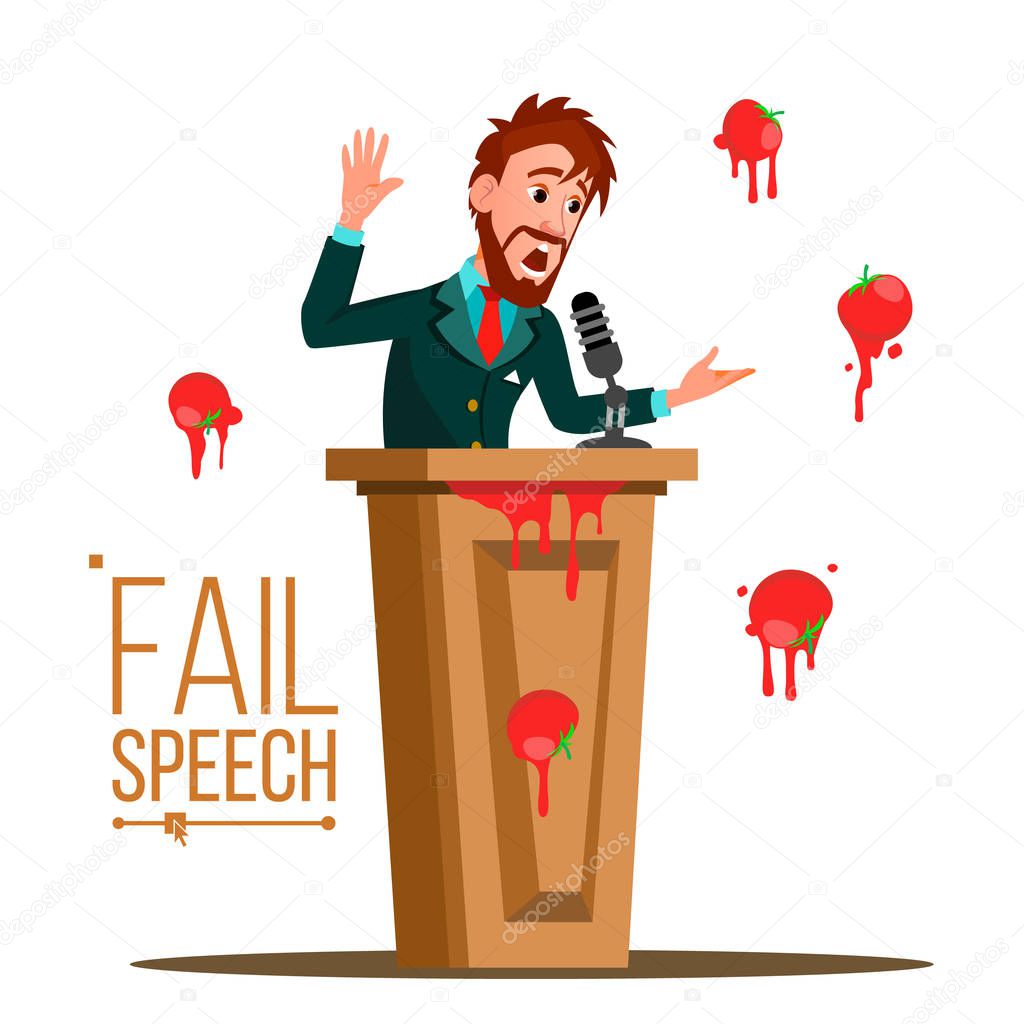 Businessman Fail Speech Vector. Unsuccessful Presentation. Bad Public Speech. Speaker Standing Behind A Rostrum. Having Tomatoes From Crowd. Isolated Illustration