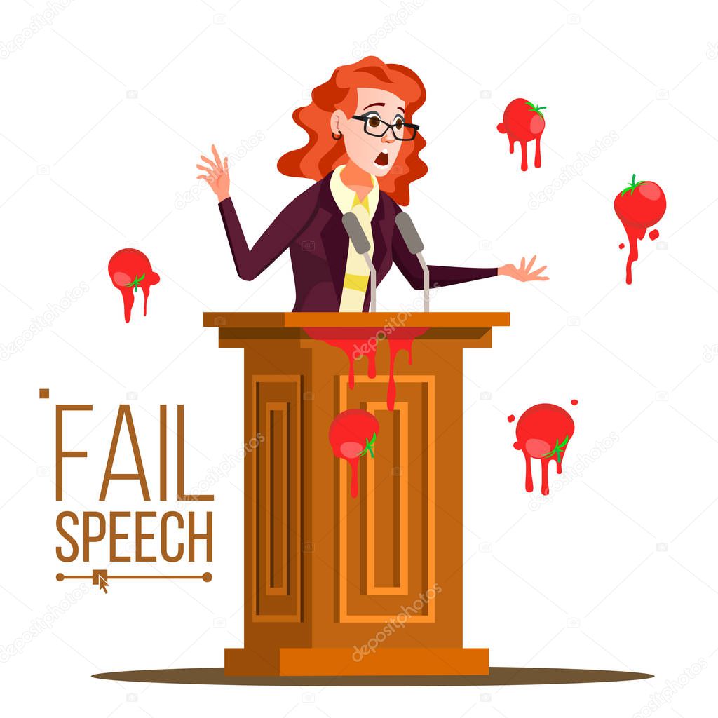 Business Woman Fail Speech Vector. Unsuccessful Messaging. Bad Feedback. Having Tomatoes From Crowd. Tribune, Rostrum With Microphone. Failed Communication. Isolated Illustration