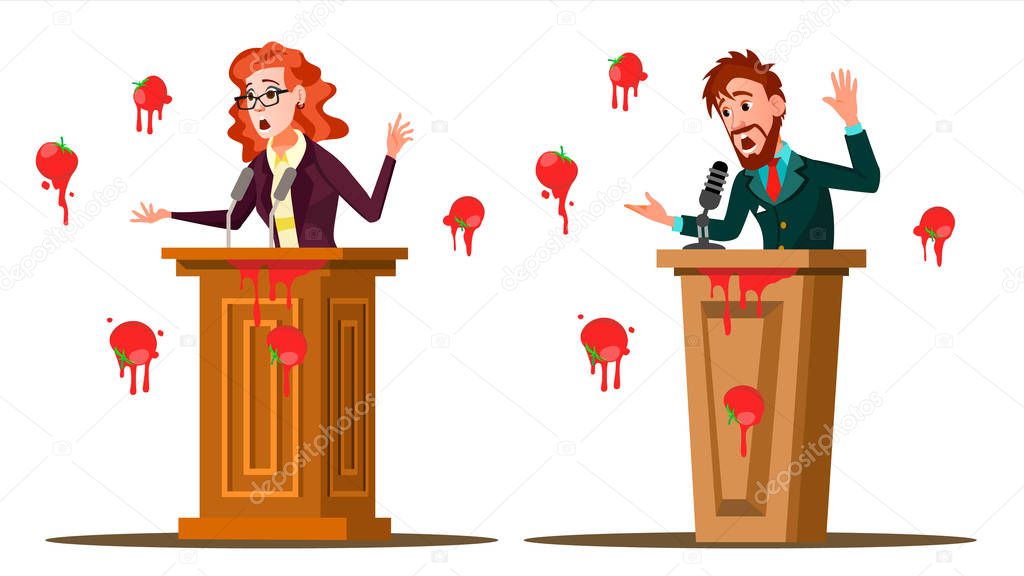Fail Speech Vector. Businessman, Woman. Unsuccessful Messaging, Presentation. Bad Feedback. Having Tomatoes From Crowd. Tribune, Rostrum With Microphone. Failed Communication. Isolated Illustration