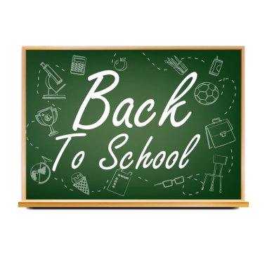 Geri okul afiş tasarlamak vektör için. Yeşil. Sınıf Blackboard. Satılık Poster. 1 Eylül. Eğitim ile ilgili. Gerçekçi illüstrasyon