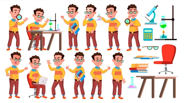 Boy Schoolboy Kid Poses Set Vector. Niño de secundaria. Pupila infantil. Universidad, Graduado, Clase. Para Presentación, Invitación, Diseño de Tarjetas. Ilustración de dibujos animados aislados — Archivo Imágenes Vectoriales