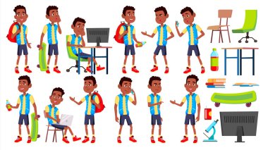 Çocuk okul çocuğu çocuk Set vektör teşkil etmektedir. Lise çocuk. Genç. Siyah. Afro Amerikalı. Kitap, çalışma alanı, yönetim kurulu. Web, broşür, afiş tasarımı için. İllüstrasyon izole karikatür