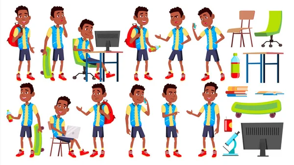 Boy Schoolboy Kid Poses Set Vector. Criança do liceu. Adolescente. Preto. Afro-americano. Livro, Espaço de Trabalho, Conselho. Para Web, Brochura, Poster Design. Ilustração de desenhos animados isolados —  Vetores de Stock