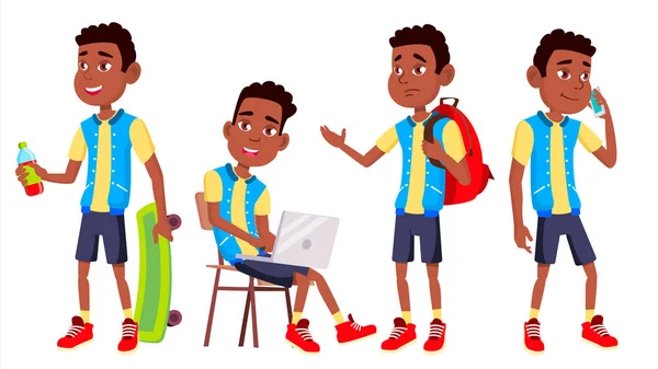 Junge Schüler Kind Posen gesetzt Vektor. Gymnasiast. Klassenkamerad. Teenager, Klassenzimmer, Zimmer. schwarz. Afroamerikaner. für Werbung, Broschüre, Plakatgestaltung. Isolierte Cartoon-Illustration — Stockvektor