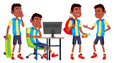 Çocuk okul çocuğu çocuk Set vektör teşkil etmektedir. Lise çocuk. Çuval. Siyah. Afro Amerikalı. Eylül, okul, Teen. Web, Poster, kitapçık tasarımı için. İllüstrasyon izole karikatür