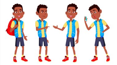 Çocuk okul çocuğu çocuk Set vektör teşkil etmektedir. Lise çocuk. Siyah. Afro Amerikalı. Çocuk çalışma. Bilgi, bilgi, ders. Reklam, afiş, baskı tasarımı için. İllüstrasyon izole karikatür