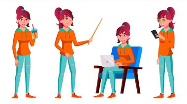 Genç kız Set vektör teşkil etmektedir. Beyaz, pozitif. Tanıtım, baskı, davetiye tasarım için. İllüstrasyon izole karikatür