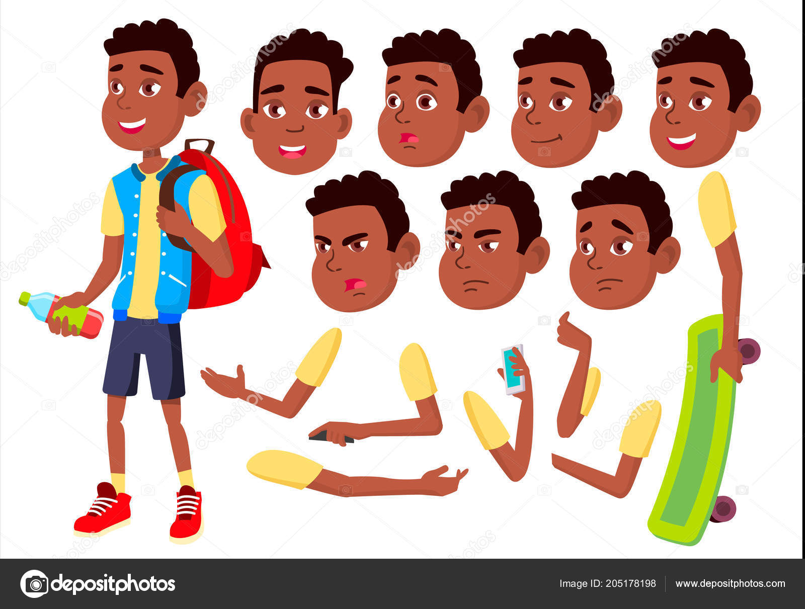 Boy, Child, Kid, Teen Vector. Happy Childhood. Afro American, Black. Face Emotions, Various Gestures. Animation Creation Set. Isolated Flat Cartoon Character Illustration Stock Vector Image by ©pikepicture #205178198 Boy, Child, Kid, Teen Vector. Happy Childhood. Afro American, Black. Face Emotions, Various Gestures. Animation Creation Set. Isolated Flat Cartoon Character Illustration Stock Vector Image by ©pikepicture #205178198