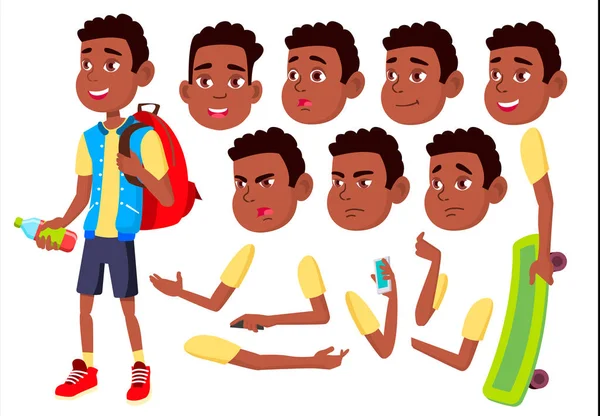 Junge, Kind, Kind, Teenager. glückliche Kindheit. Afroamerikaner, schwarz. Gesicht Emotionen, verschiedene Gesten. Animationsset. isoliert flache Zeichentrickfigur Illustration — Stockvektor