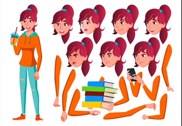 Vector de chica adolescente. Adolescente. Bonita, Juventud. Emociones faciales, varios gestos. Conjunto de Creación de Animación. Ilustración plana aislada del carácter de la historieta — Vector de stock