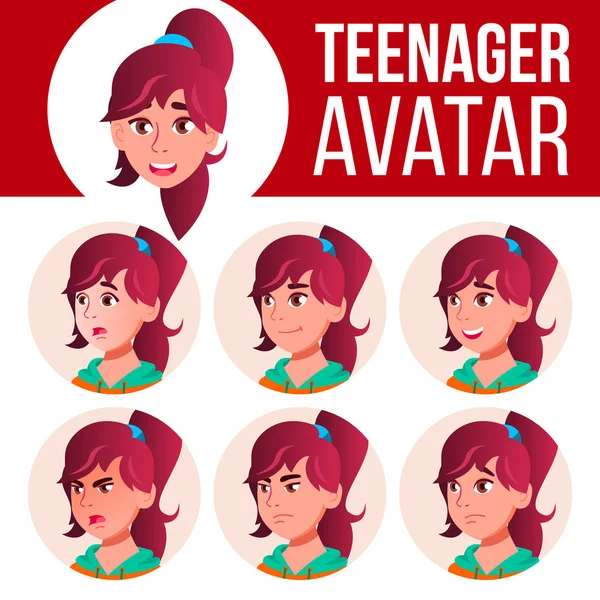 Dospívající dívka Avatar Set vektor. Tvář emoce. Uživatel, charakter. Zábavné, veselé. Kreslený obrázek hlavy — Stockový vektor