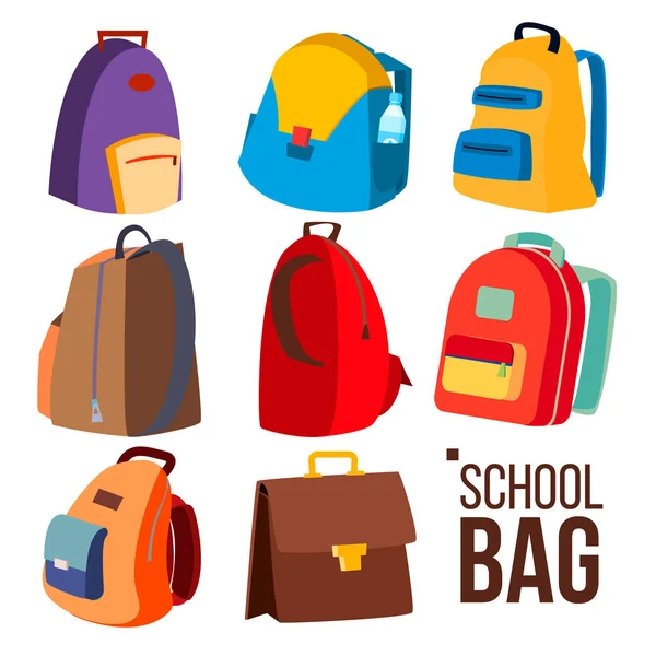 Okul çantası vektör ayarlayın. Farklı türleri, görünümü. Çuval, çocuklar kutsal kişilerin resmi sırt çantası. Eğitim işareti. Okula dönüş. Düz çizgi film illüstrasyon izole — Stok Vektör