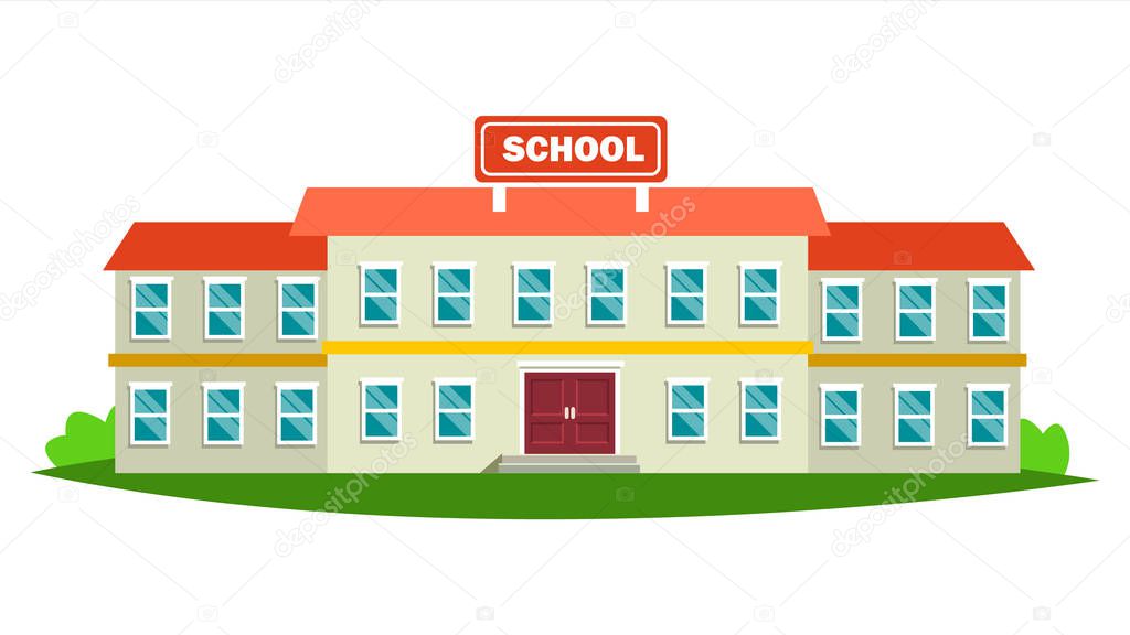 School Building Vector. Modern Education City Construction. Urban Sign. Font Yard. Isolated Cartoon Illustration