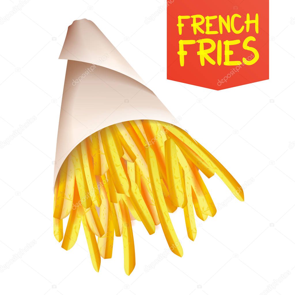 French Fries Potatoes Vector. Fast Food Icons Potato. Full Paper Bag, Cone. Isolated Realistic Illustration