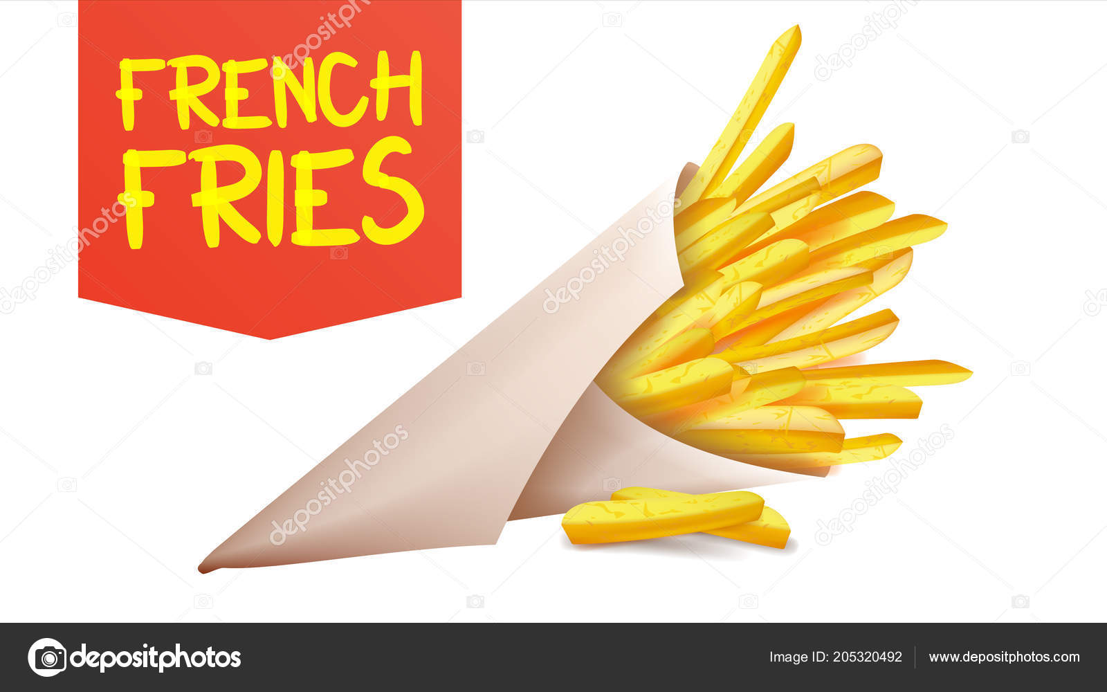 French Fries Potatoes In Paper Bag. Isolated On White Background