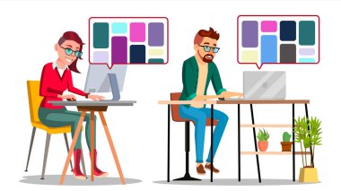 İş vektör grafik tasarımcı. Erkek, kadın başvurular popüler yaratıcı Web sitesinde arama. Serbest kavramı. İzole illüstrasyon