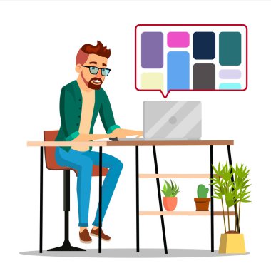 Vektör çalışan grafik tasarımcı. Başvurular popüler yaratıcı Web sitesinde arayan adam. Serbest kavramı. İzole illüstrasyon