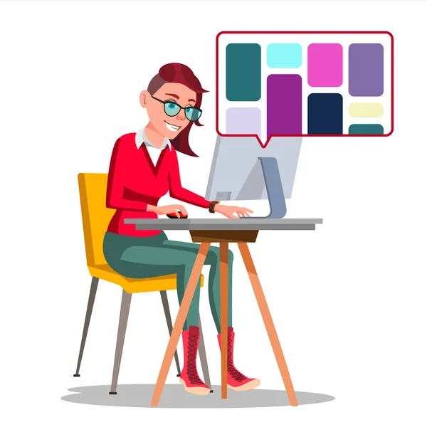 Graphic Designer Working Vector. Woman Searching For References On Popular Creative Web Site. Freelance Concept. Isolated Illustration