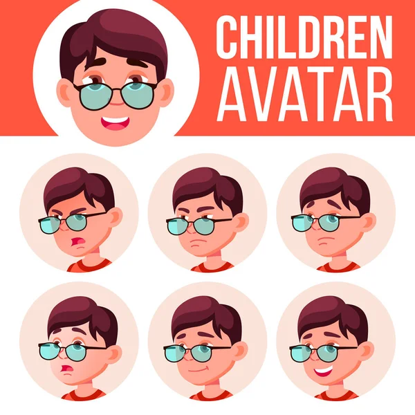 Boy Avatar Set Kid Vector. Escuela Primaria. Emociones faciales. Facial, gente. Ánimo, Bonita. Card, Anuncio. Ilustración de cabeza de dibujos animados — Vector de stock