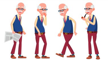 Yaşlı adam Set vektör teşkil etmektedir. Yaşlı insanlar. Üst düzey kişi. Yaşlı. Komik adam. Boş zaman. Kartpostal, duyuru, kapak tasarımı. İllüstrasyon izole karikatür