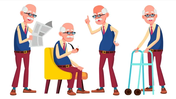 Old Man Poses Set Vector. Elderly People. Senior Person. Aged. Active Grandparent. Joy. Presentation, Print, Invitation Design. Isolated Cartoon Illustration