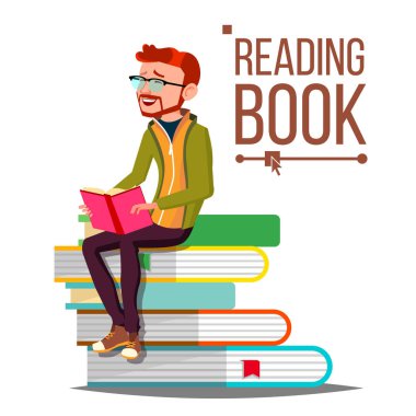 Adam okuma kitap vektör. Kitap dev yığını. Kütüphane. Öğrenme. Düz çizgi film illüstrasyon izole