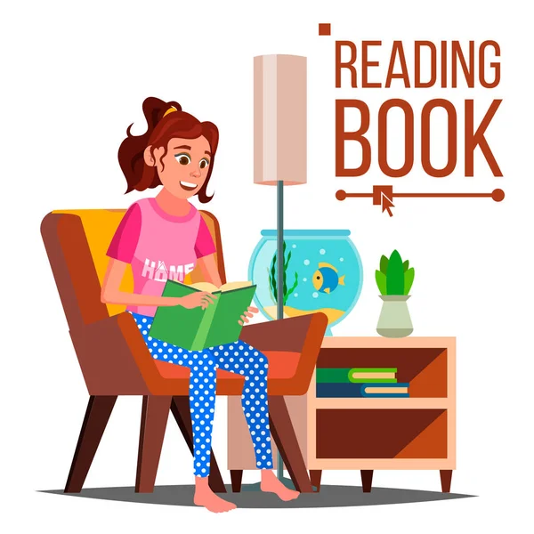 Donna che legge un libro vettoriale. Leggere a casa. Adoro leggere. Illustrazione del fumetto piatto isolato — Vettoriale Stock