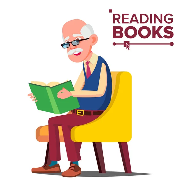 Yaşlı adam okuma kitap vektör. Kağıt kitap. Bir sandalyede oturuyor. Düz çizgi film illüstrasyon izole — Stok Vektör