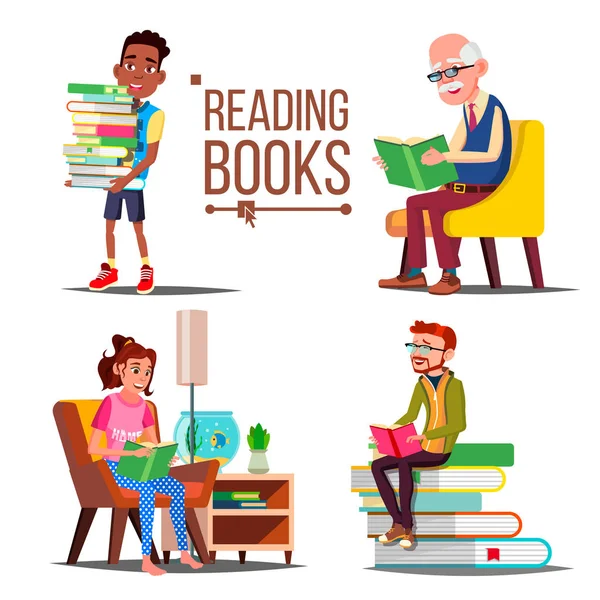 People Reading Books Vector. Big Stack Of Books. Education. Paper Book. Library. Man, Woman, Old Man, Child. Isolated Flat Cartoon Illustration — Stock Vector