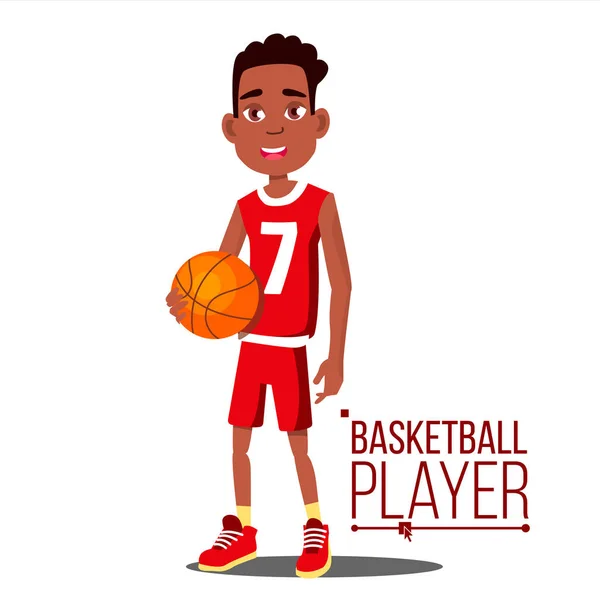 Διάνυσμα παιδί παίκτης μπάσκετ. Αφρο αμερικανικό, μαύρο. Αθλητής με στολή με μπάλα. Υγιεινού τρόπου ζωής. Απομονωθεί καρτούν επίπεδη απεικόνιση — Διανυσματικό Αρχείο