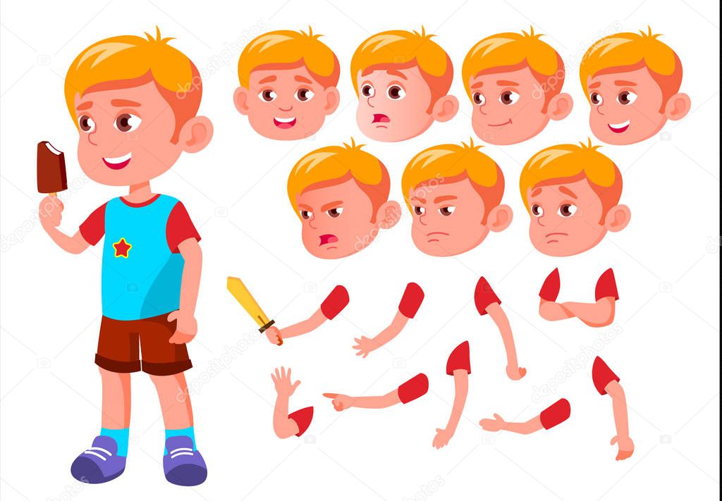 Boy, Child, Kid, Teen Vector. Leisure. Educational, Study. Face Emotions, Various Gestures. Animation Creation Set. Isolated Flat Cartoon Character Illustration