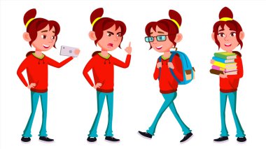 Kız kız öğrenci çocuk Set vektör teşkil etmektedir. Lise çocuk. Orta öğretim. Eğitim, konferans salonu, konferans. Kapak için afiş tasarımı. İllüstrasyon izole karikatür