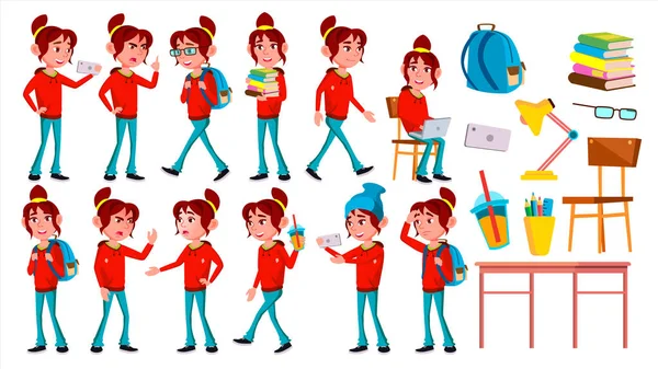 Kız kız öğrenci çocuk Set vektör teşkil etmektedir. Lise çocuk. Okul öğrenci. Mezuniyet, ödev, öğretmen. Web, Poster, kitapçık tasarımı için. İllüstrasyon izole karikatür