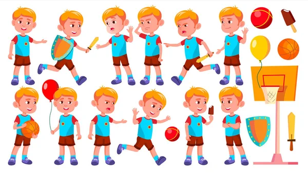 Boy Kindergarten Kid Poses Set Vector. Carácter de niños felices. Niñera. Para Anuncio, Saludo, Diseño de Anuncio. Ilustración de dibujos animados aislados — Archivo Imágenes Vectoriales