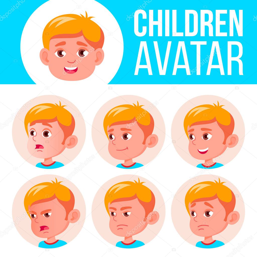 Boy Avatar Set Kid Vector. Kindergarten. Face Emotions. Emotional, Facial, People. Fun, Cheerful. Advertisement, Greeting. Cartoon Head Illustration