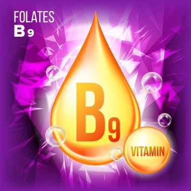 Vitamin B9 Folates vektör. Vitamini altın yağ damla simgesi. Tıp sıvı, altın bir madde. Güzellik, kozmetik, Heath Promo reklam tasarım için. Damla 3d karmaşık kimyasal formülü ile. İllüstrasyon