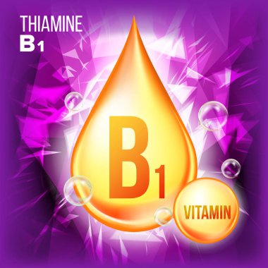 B1 vitamini tiamin vektör. Vitamini altın yağ damla simgesi. Organik altın Damlacık simgesine. Güzellik, kozmetik, Heath Promo reklam tasarım için. Damla 3d karmaşık kimyasal formülü ile. İllüstrasyon