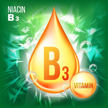 Vitamin B3 Niasin vektör. Altın yağ damla simgesi. Organik altın Damlacık simgesine. Tıp sıvı, altın bir madde. Güzellik, kozmetik, Heath Promo reklamlar. 3D damla. İllüstrasyon