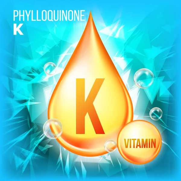 Βιταμίνη K φυλλοκινόνη διάνυσμα. Βιταμίνη χρυσό λάδι σταγόνα εικονίδιο. Εικονίδιο οργανικά χρυσό Droplet. Ομορφιά, καλλυντικά, ρείκι Promo διαφημίσεις σχεδιασμού. Στάγδην 3d συγκρότημα με χημικό τύπο. Εικονογράφηση — Διανυσματικό Αρχείο