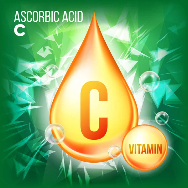 Vitamina C Vetor de Ácido Ascórbico. Vitamina Orgânica Gold Drop Icon. Medicamento Líquido, Substância Dourada. Para Beleza, Cosmético, Heath Promo Ads Design. Complexo de gotejamento com fórmula química. Ilustração — Vetor de Stock