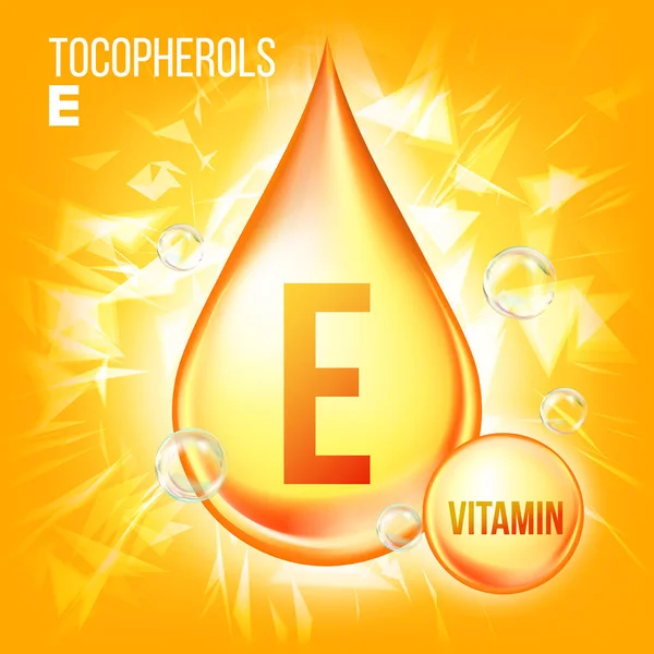 Vitamin E Tocopherols Vector. Vitamin Gold Oil Drop Icon. Organic Gold Droplet Icon. Medicine Liquid. For Beauty, Cosmetic, Heath Promo Ads Design. Drip Complex. Illustration — Stock Vector