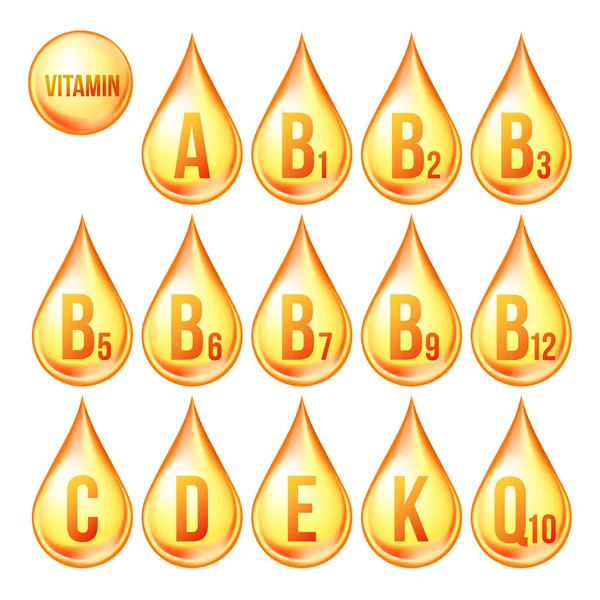 Vitamin Icons Set Vector. Organic Vitamin Gold Drop Icon. Droplet, Golden Substance. 3D Complex With Chemical Formula. Drip Isolated Illustration — Stock Vector